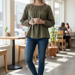 J. Crew Olive Blouse with Eyelet Details
